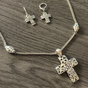Vintage Silver‎ Cross Jewelry Set 18” Chain Silvertone Heavy Duty